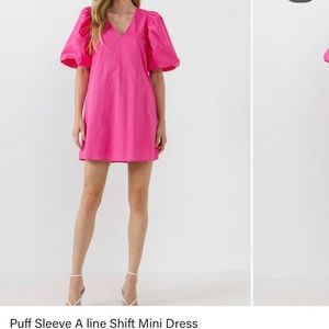 NWOT Hot pink English Factory A Line Shift Puff Sleeve Dress. Worn once. Size L.